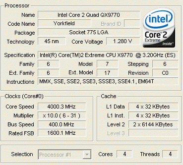 Процессор QX9770 — скриншот CPU-Z