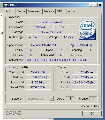 Скриншот CPU-Z нового процессора Intel.